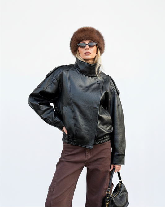 Chaqueta de cuello alto de cuero - Negro