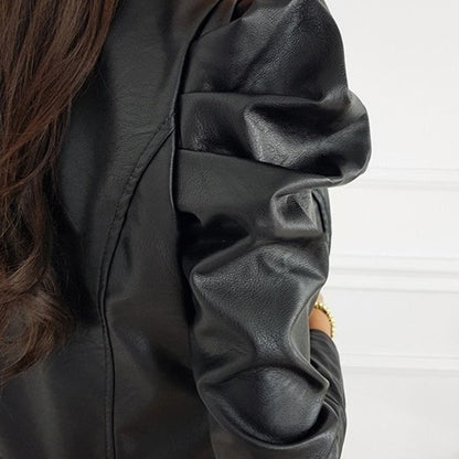 Antonella | Chaqueta De Cuero Negra Plisada Para Mujer