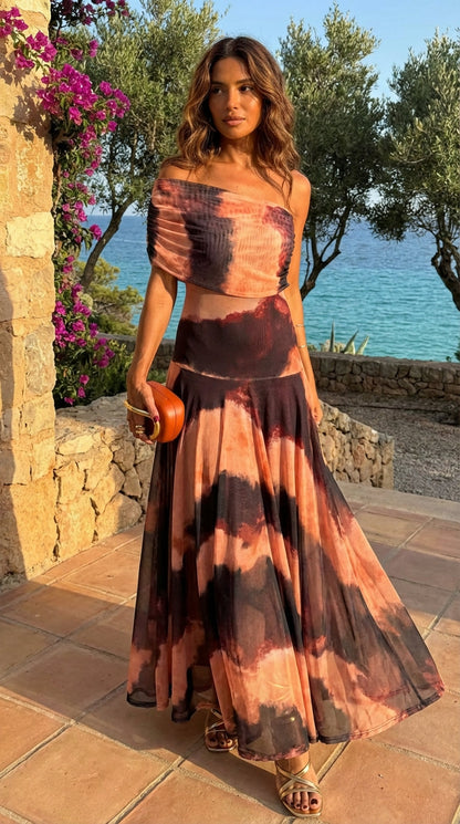 Vestido Toledo Estampado Naranja y Marrón