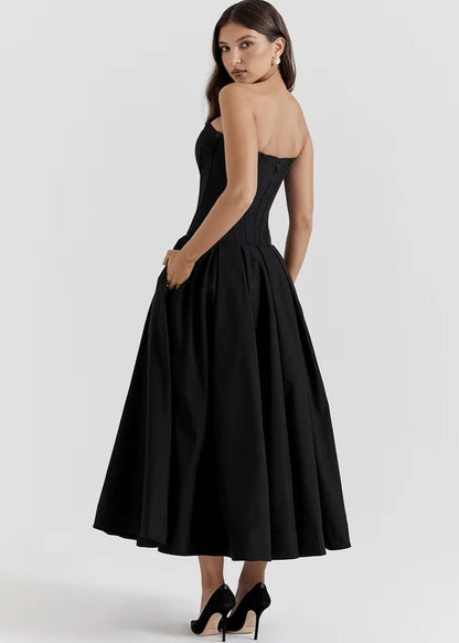 VALENTINA · VESTIDO MIDI CON COPAS ESTILO CORSET Y FALDA AL VUELO