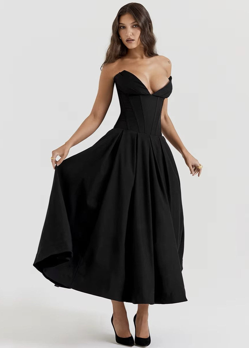 VALENTINA · VESTIDO MIDI CON COPAS ESTILO CORSET Y FALDA AL VUELO