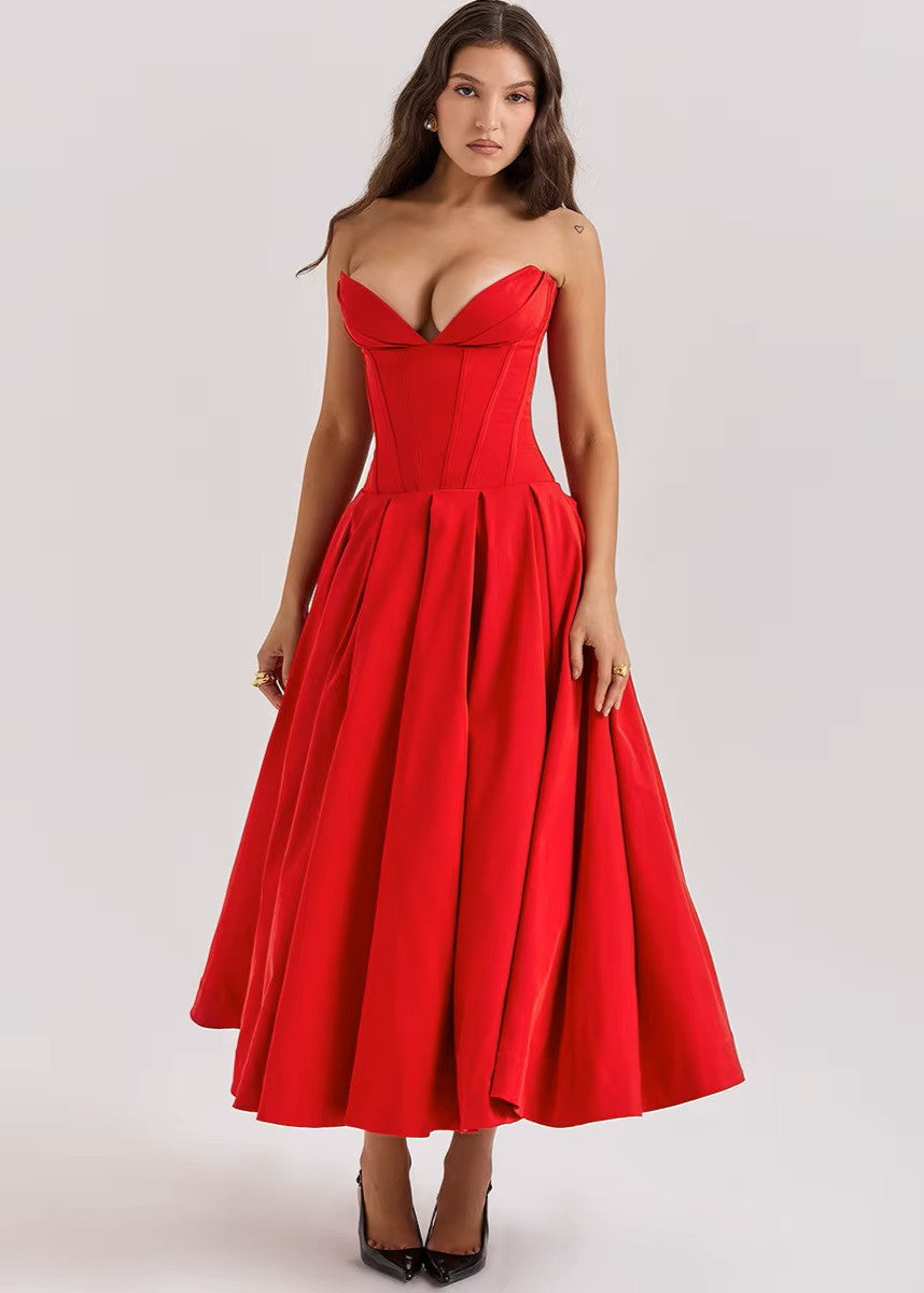 VALENTINA · VESTIDO MIDI CON COPAS ESTILO CORSET Y FALDA AL VUELO