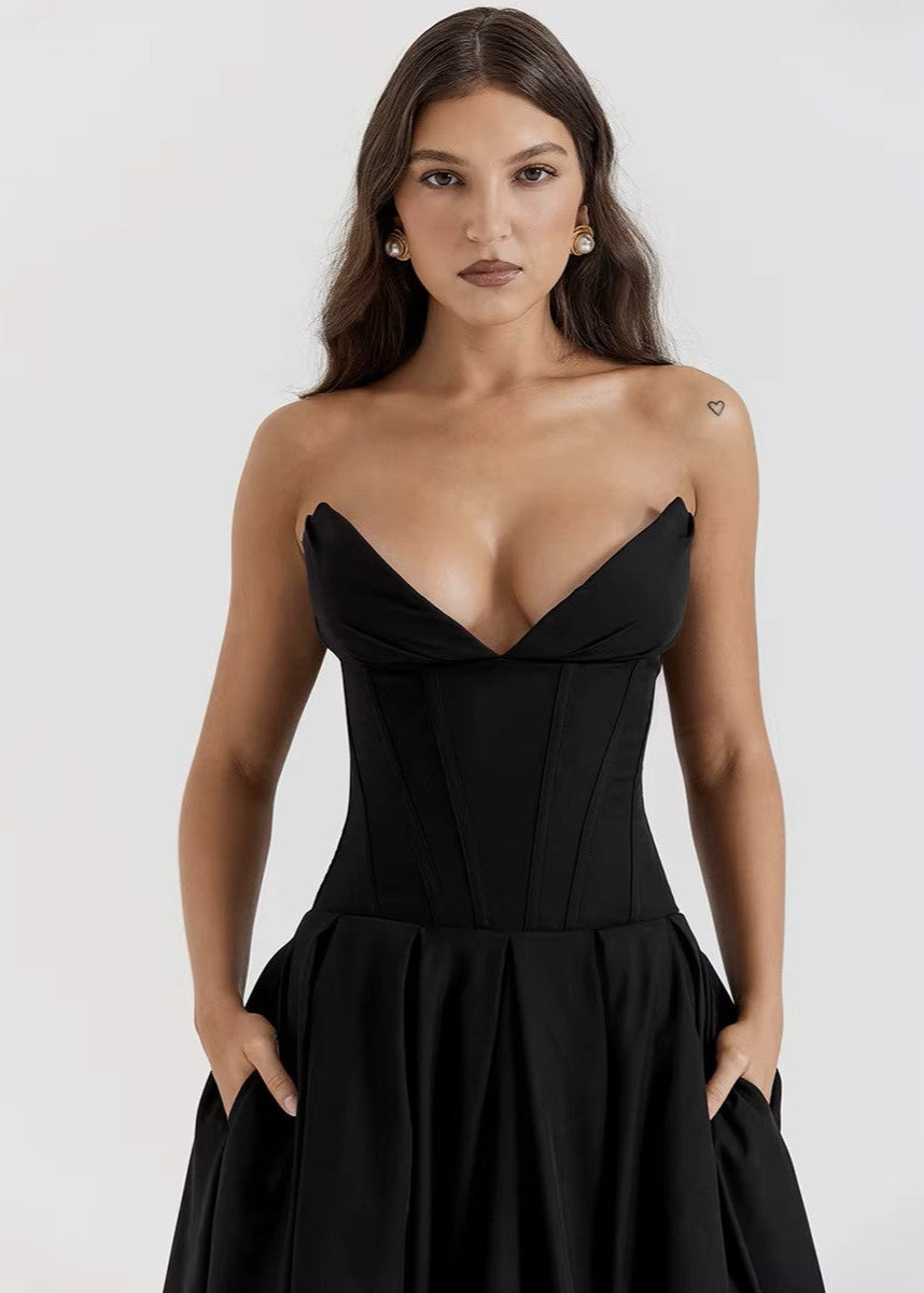 VALENTINA · VESTIDO MIDI CON COPAS ESTILO CORSET Y FALDA AL VUELO