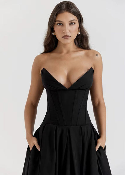 VALENTINA · VESTIDO MIDI CON COPAS ESTILO CORSET Y FALDA AL VUELO