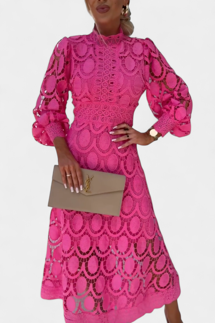 Cinda Vestido Midi de Encaje con Mangas Farol y Cuello Alto