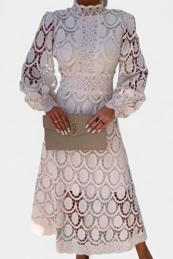 Cinda Vestido Midi de Encaje con Mangas Farol y Cuello Alto