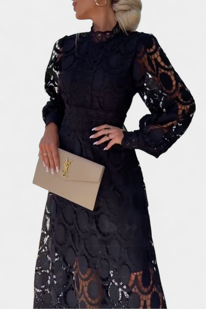 Cinda Vestido Midi de Encaje con Mangas Farol y Cuello Alto