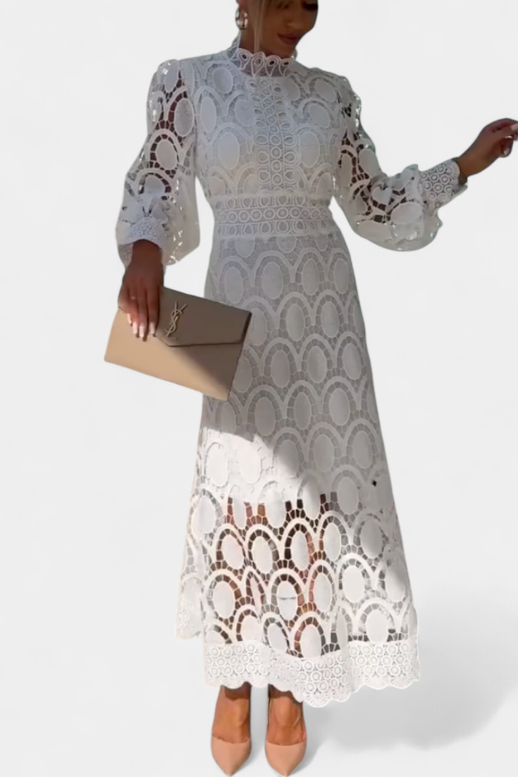 Cinda Vestido Midi de Encaje con Mangas Farol y Cuello Alto
