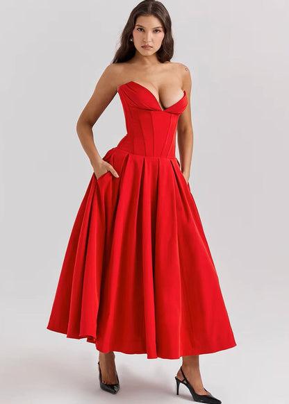 VALENTINA · VESTIDO MIDI CON COPAS ESTILO CORSET Y FALDA AL VUELO