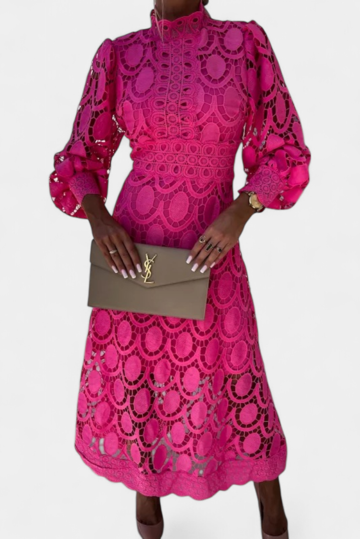 Cinda Vestido Midi de Encaje con Mangas Farol y Cuello Alto