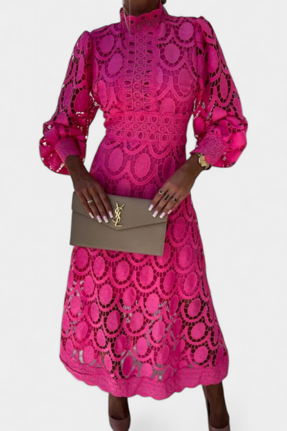 Cinda Vestido Midi de Encaje con Mangas Farol y Cuello Alto