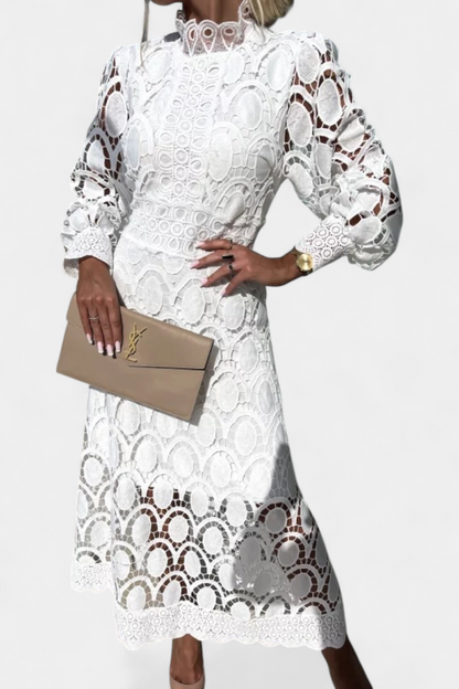Cinda Vestido Midi de Encaje con Mangas Farol y Cuello Alto