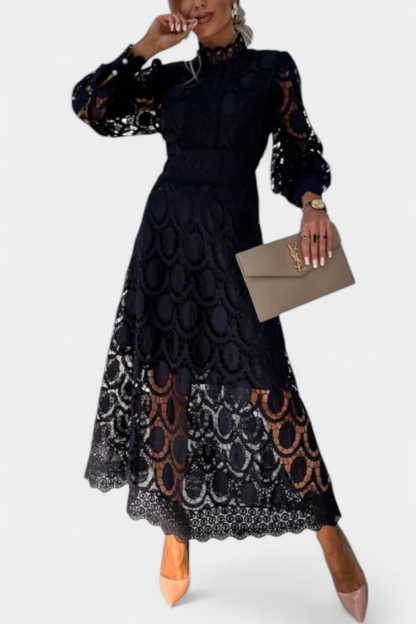 Cinda Vestido Midi de Encaje con Mangas Farol y Cuello Alto