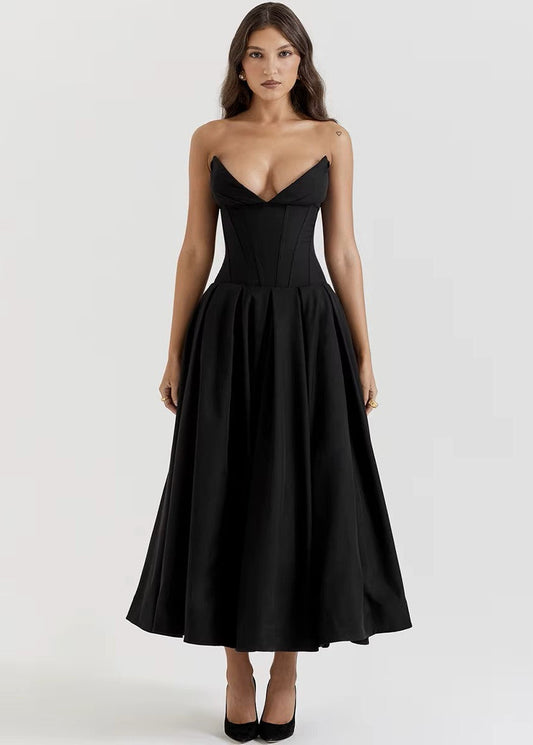 VALENTINA · VESTIDO MIDI CON COPAS ESTILO CORSET Y FALDA AL VUELO